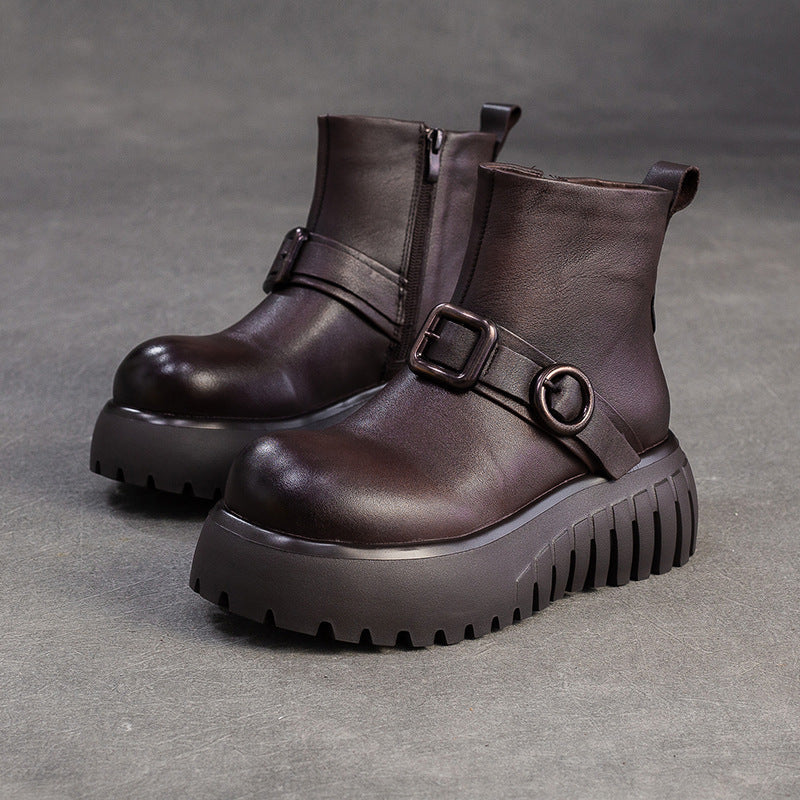 Women's Minimalist Plain Leather Ankle Platform Boots-RAIIFY