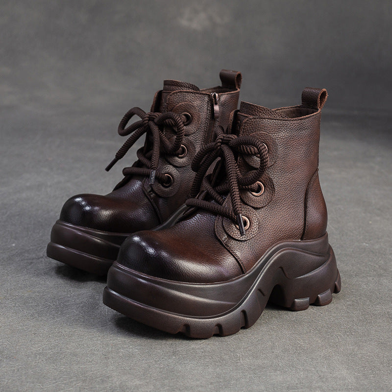 Women's Retro Plain Leather Platform Motorcycle Boots-RAIIFY