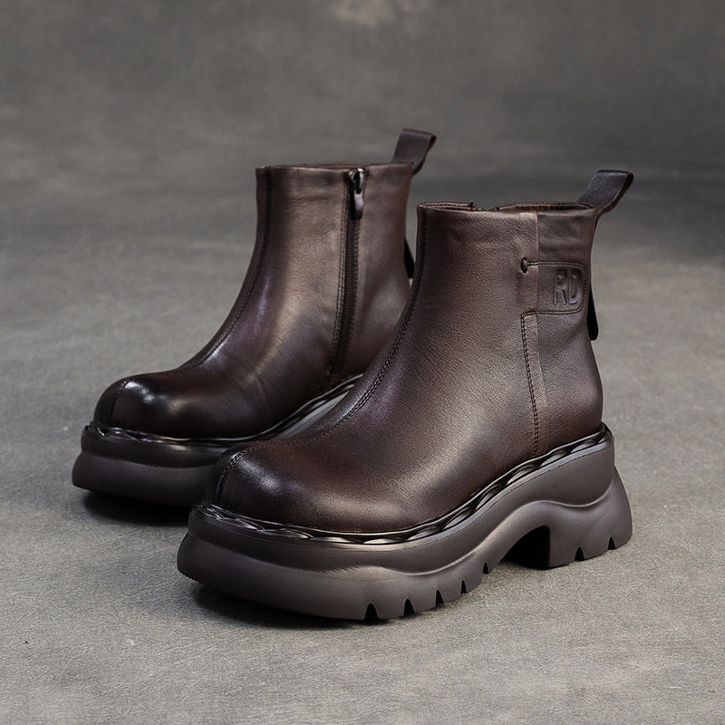 Women's Retro Plain Leather Casual Ankle Boots-RAIIFY