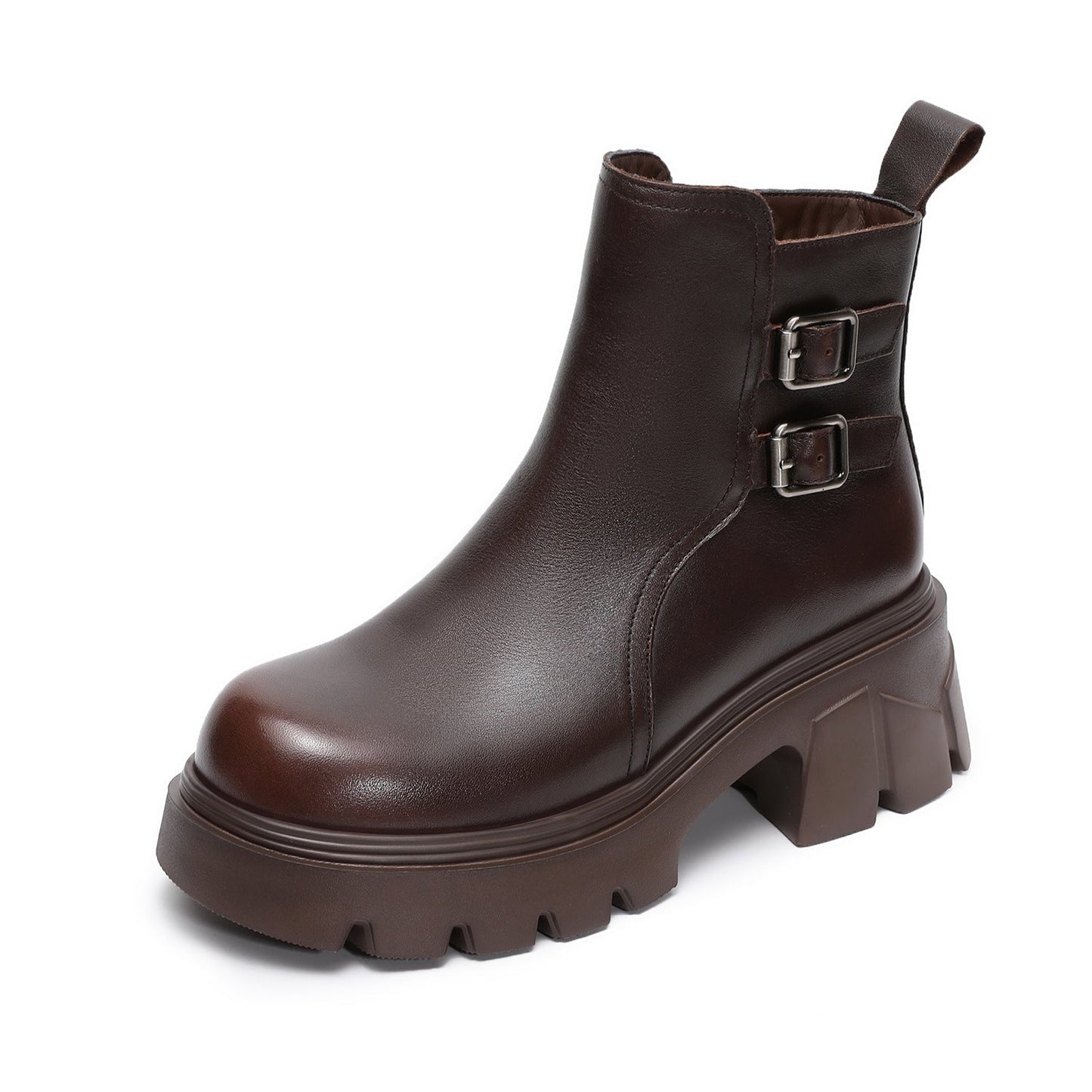 Women's Classic Plain Leather Buckle Platform Ankle Boots-RAIIFY