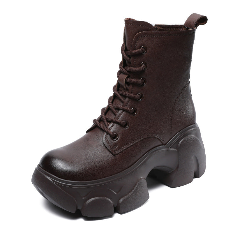 Women's Retro Plain Leather Chunky Platform Boots-RAIIFY