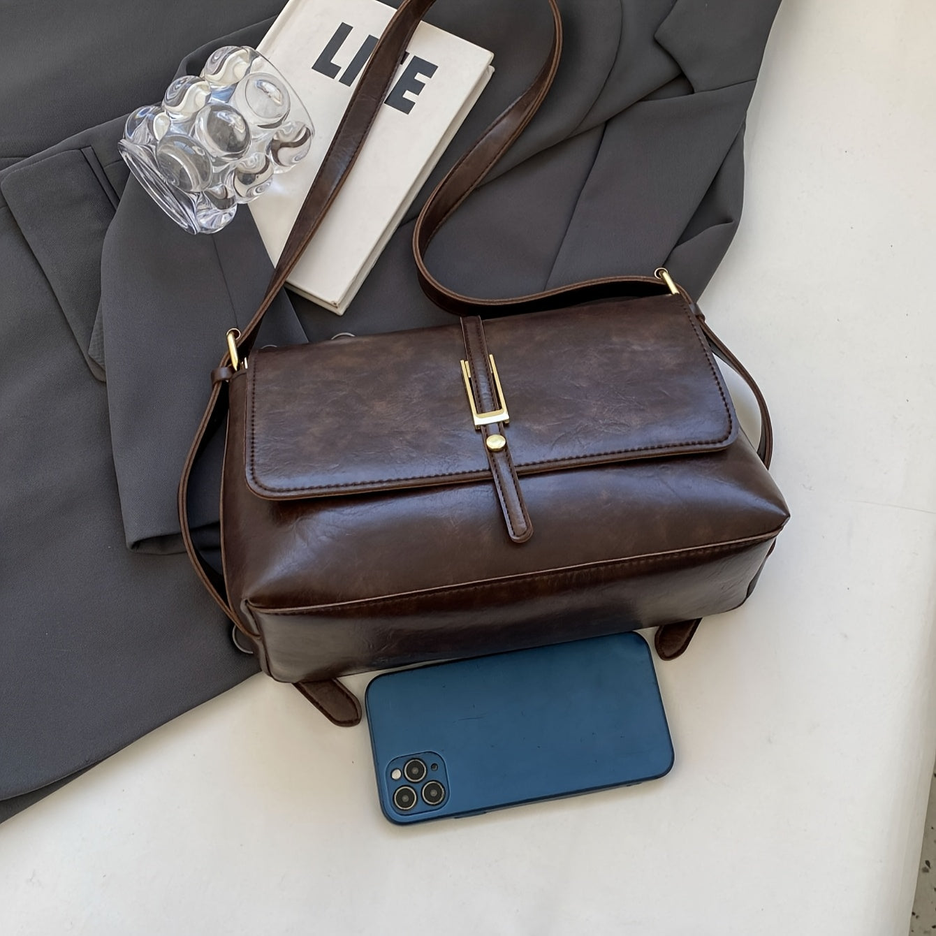 Coffee Brown Women's Casual Handbag with Magnetic Closure