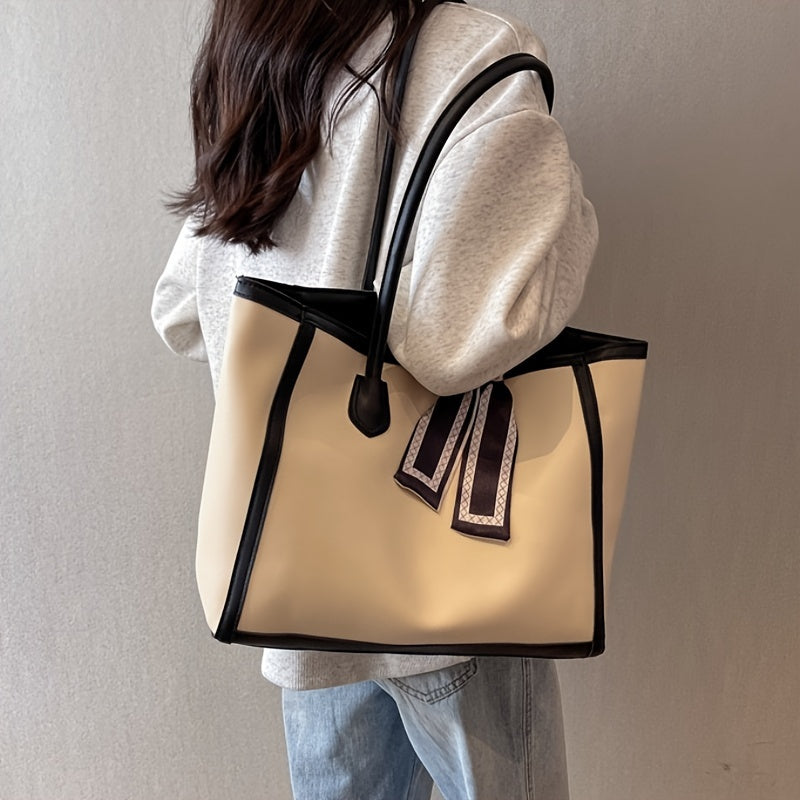Chic Large Capacity Women's Tote Bag with Scarf Accent