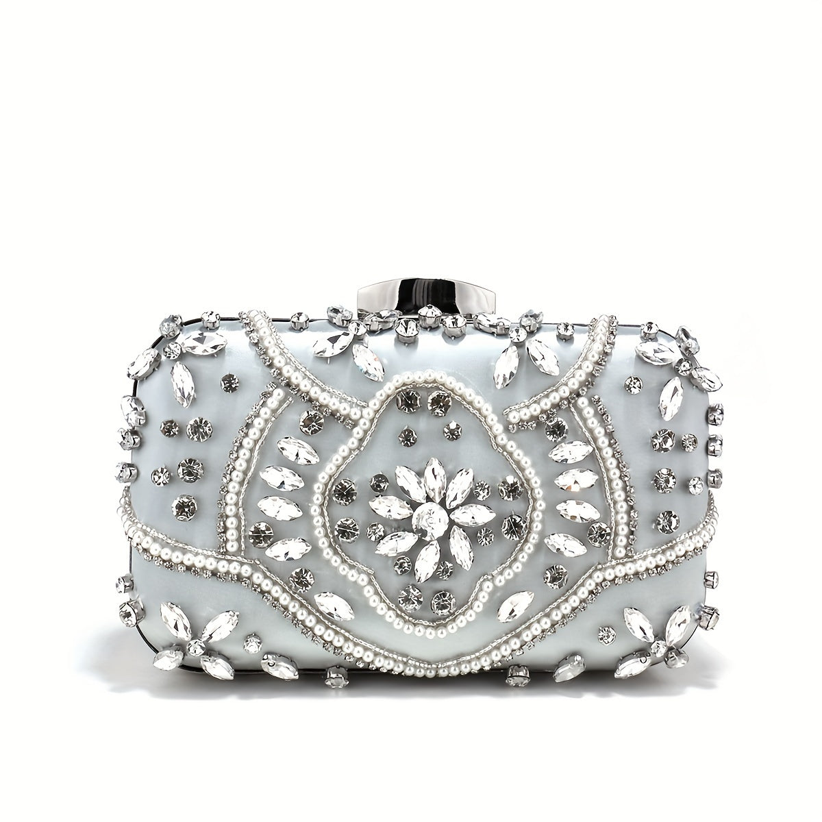 Elegant black satin clutch with rhinestone embellishments and chain