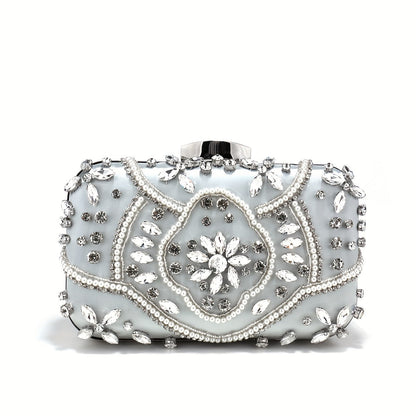 Elegant black satin clutch with rhinestone embellishments and chain