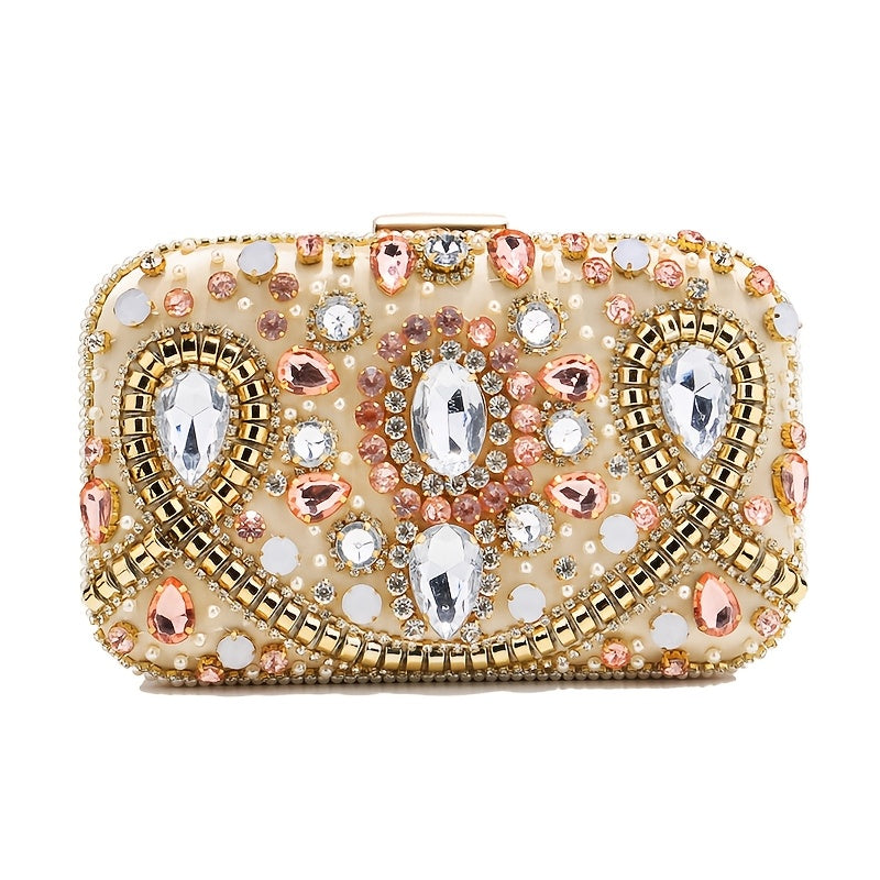 Elegant black satin clutch with rhinestone embellishments and chain