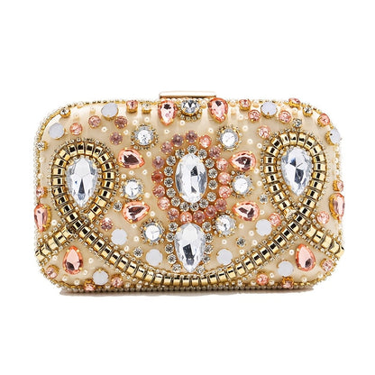 Elegant black satin clutch with rhinestone embellishments and chain