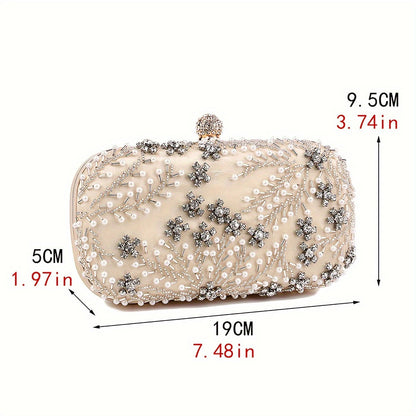 Elegant black satin clutch with rhinestone embellishments and chain