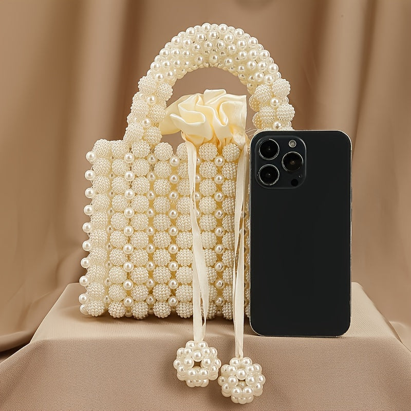 Chic Cream White Pearl Evening Clutch with Rose Handle