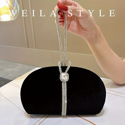 Elegant Black Corduroy Clutch with Sparkling Necklace Strap