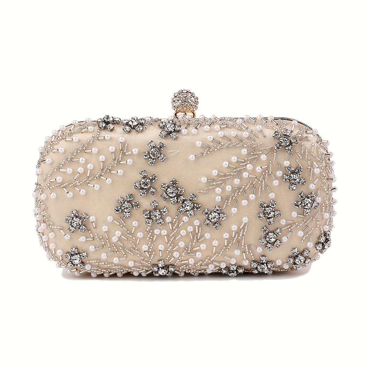 Elegant black satin clutch with rhinestone embellishments and chain