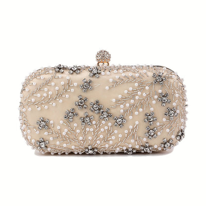 Elegant black satin clutch with rhinestone embellishments and chain