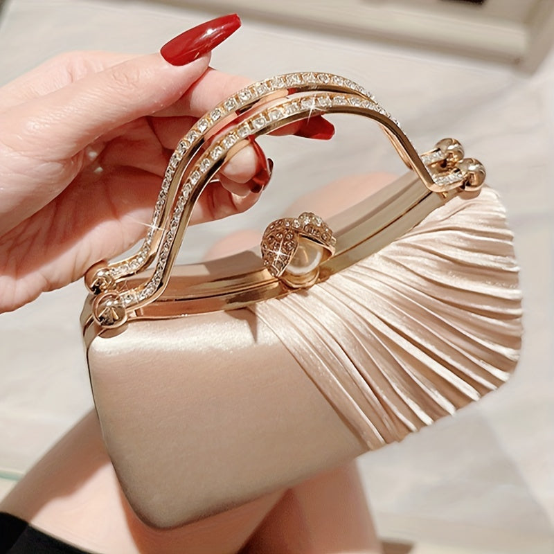 Elegant peach evening clutch with golden accents for weddings