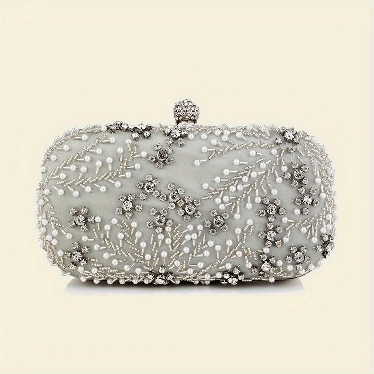 Elegant black satin clutch with rhinestone embellishments and chain