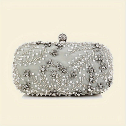 Elegant black satin clutch with rhinestone embellishments and chain