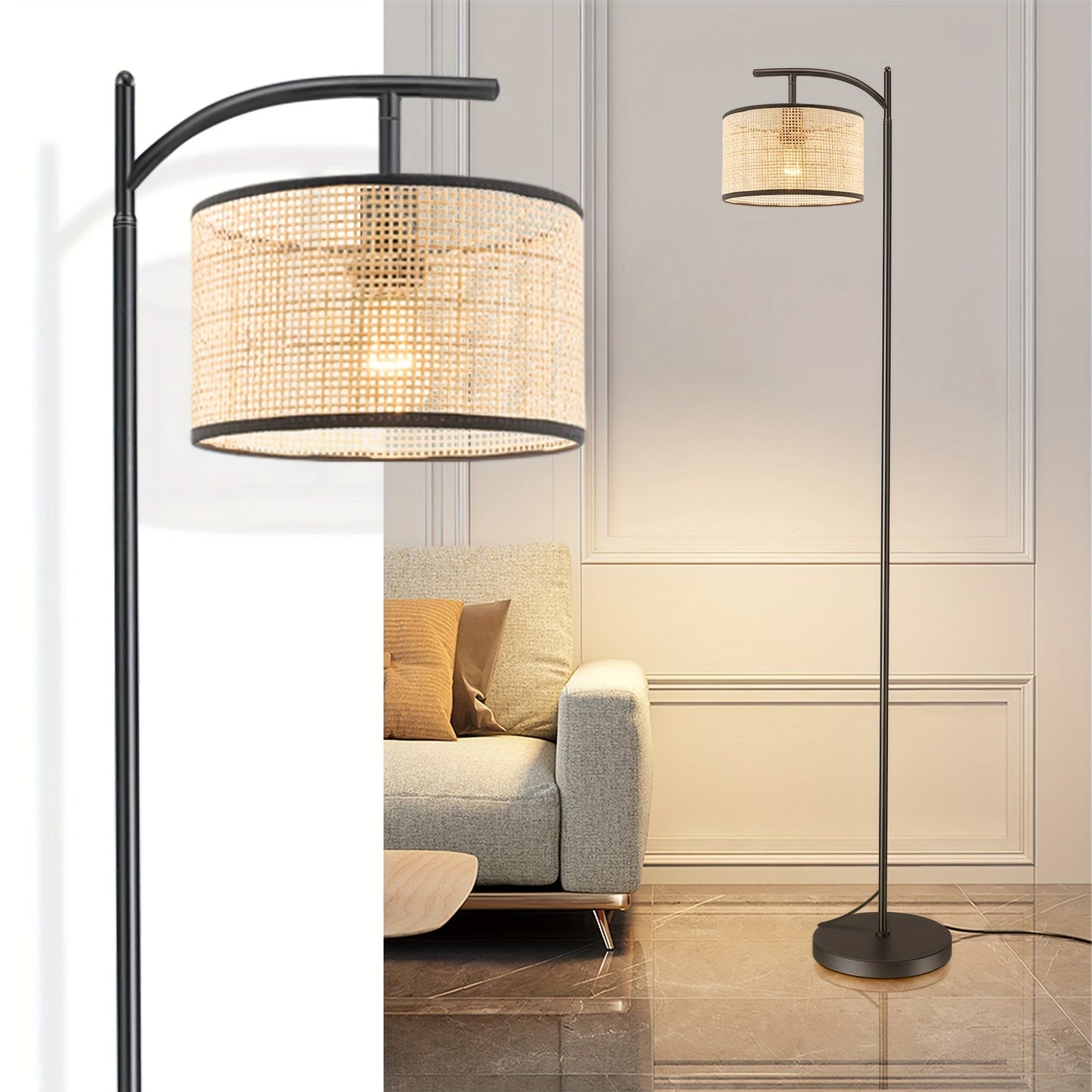 Boho Rattan Floor Lamp with Footswitch for Rustic Spaces