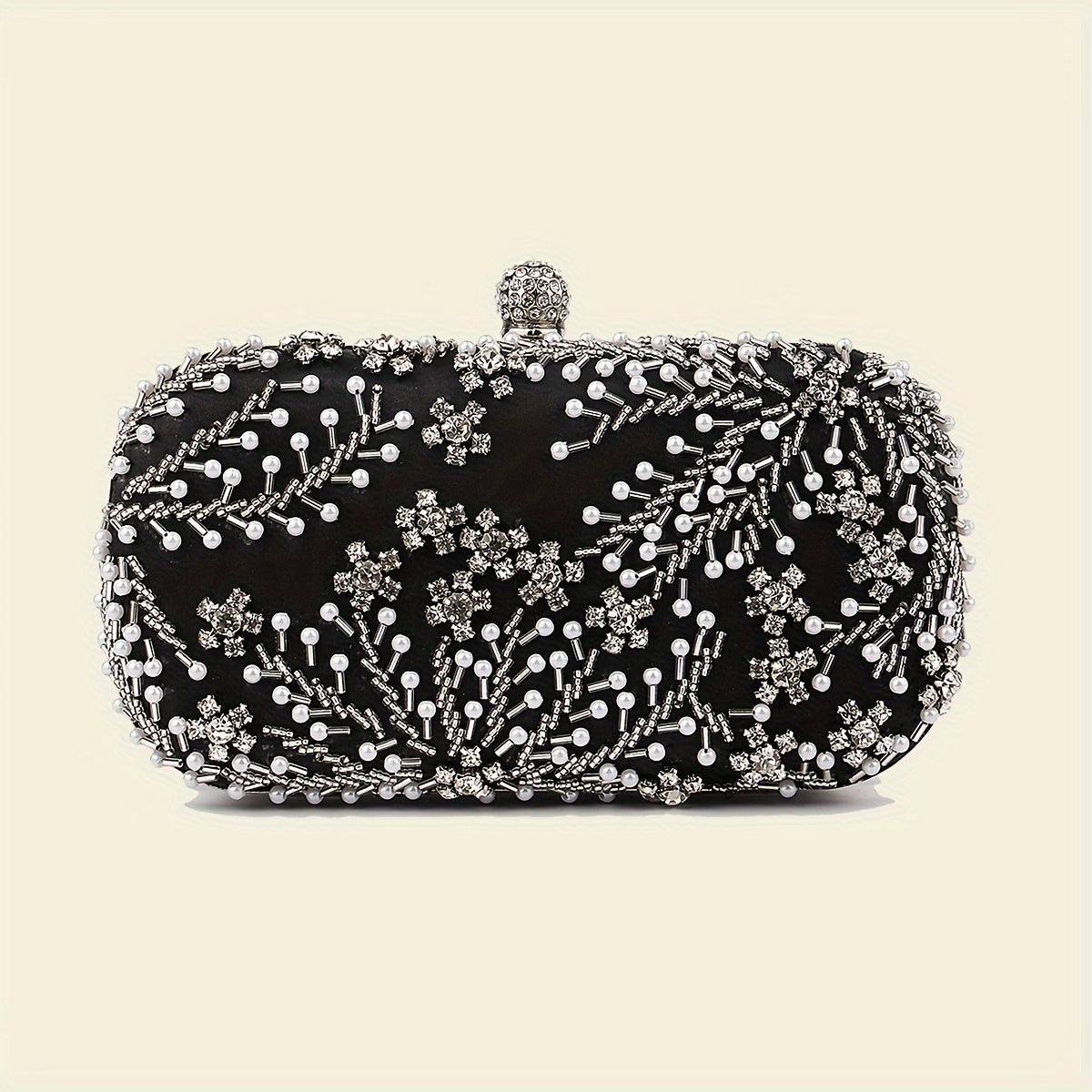 Elegant black satin clutch with rhinestone embellishments and chain