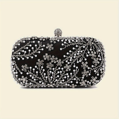 Elegant black satin clutch with rhinestone embellishments and chain