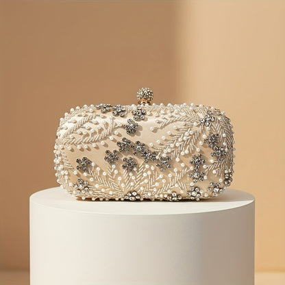 Elegant black satin clutch with rhinestone embellishments and chain
