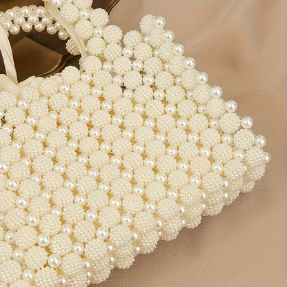 Chic Cream White Pearl Evening Clutch with Rose Handle