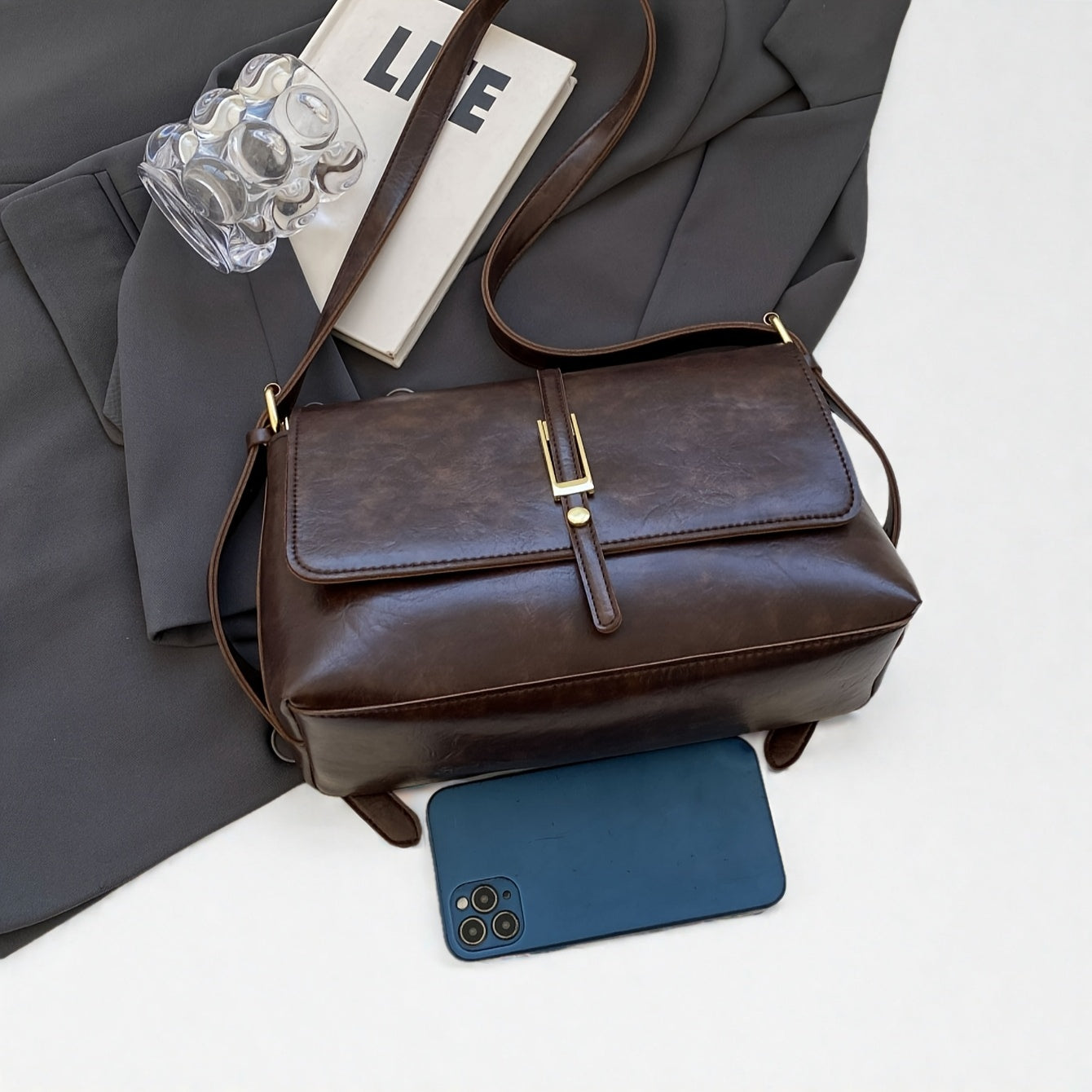 Coffee Brown Women's Casual Handbag with Magnetic Closure