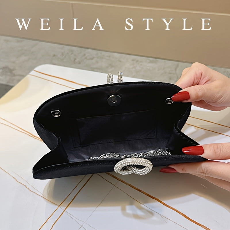 Elegant Black Corduroy Clutch with Sparkling Necklace Strap