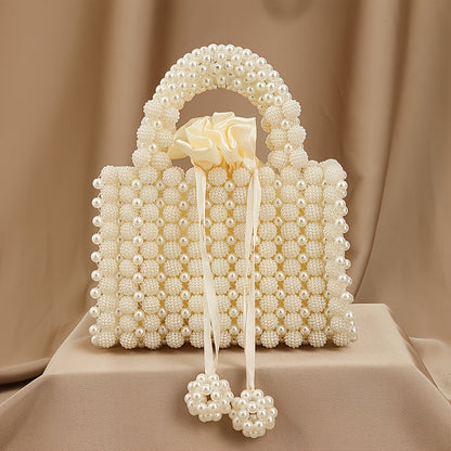 Chic Cream White Pearl Evening Clutch with Rose Handle