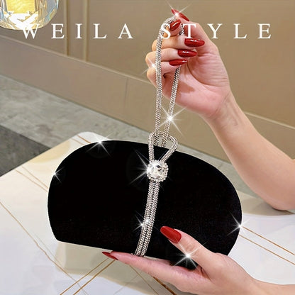 Elegant Black Corduroy Clutch with Sparkling Necklace Strap