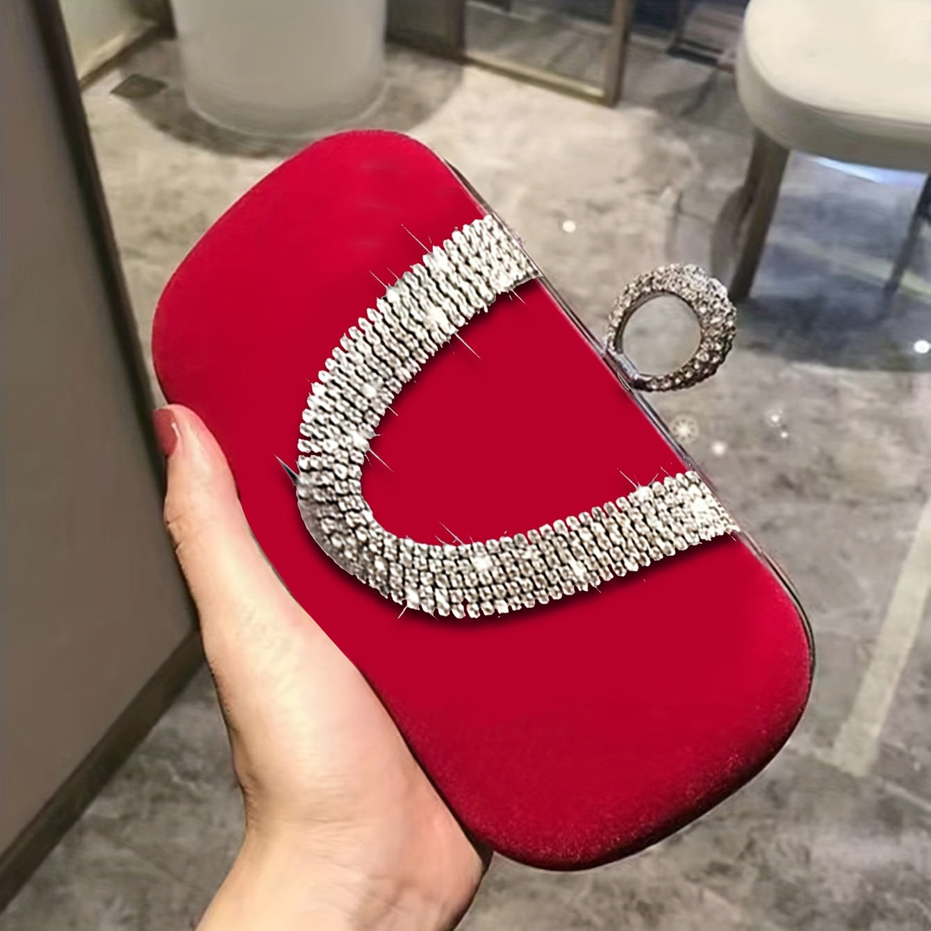 Glossy Red Sparkling Clutch Handbag with Detachable Chain Strap
