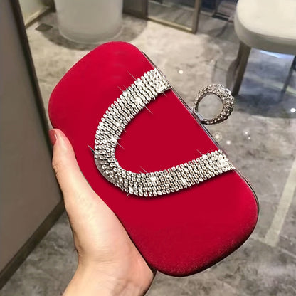 Glossy Red Sparkling Clutch Handbag with Detachable Chain Strap