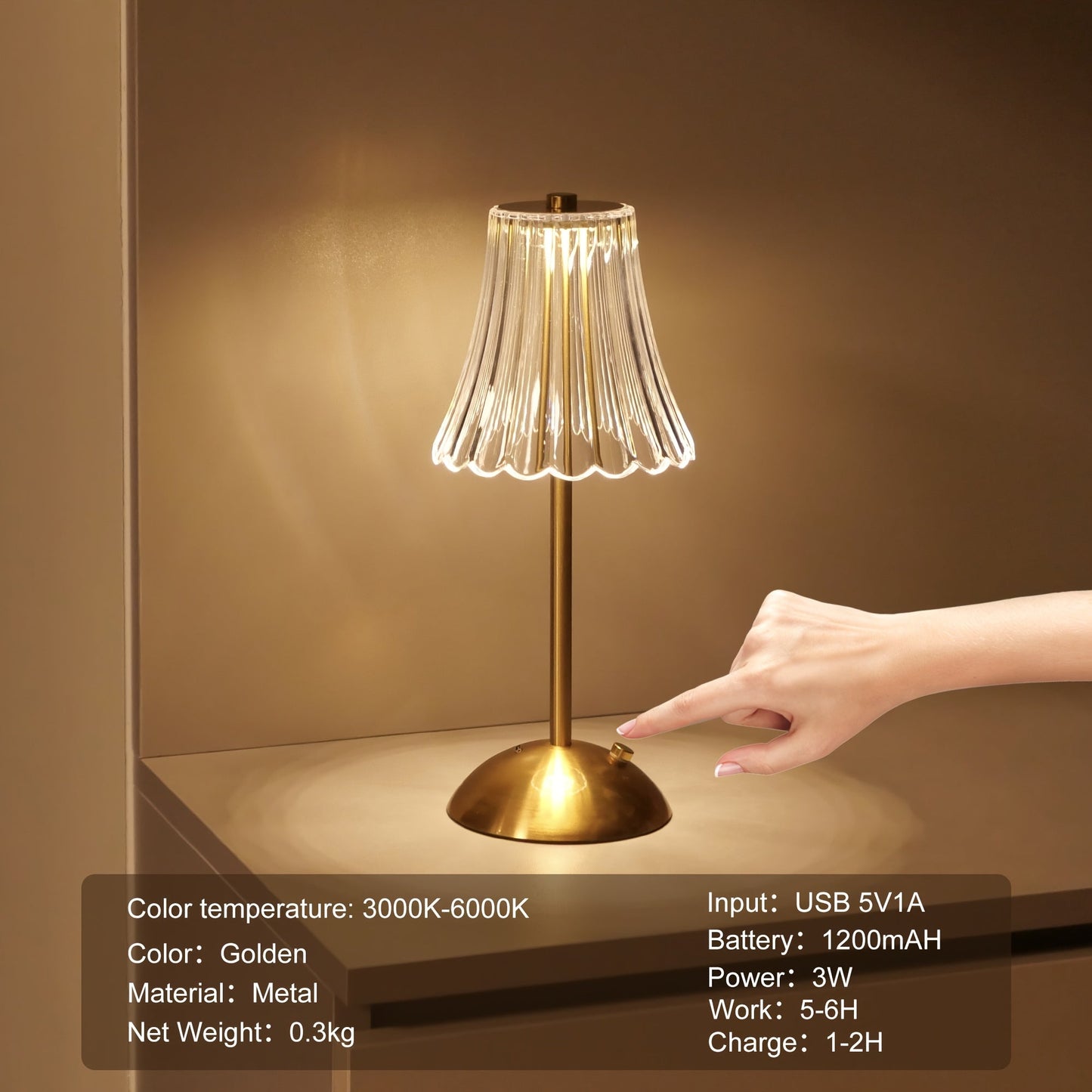 Stylish Metal Table Lamp with Touch Control and Rechargeable Design