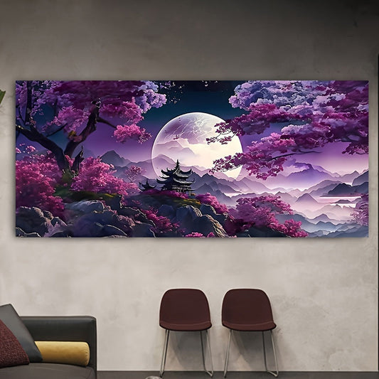 Vibrant Modern Abstract Landscape Art with Purple Moon & Cherry Blossoms