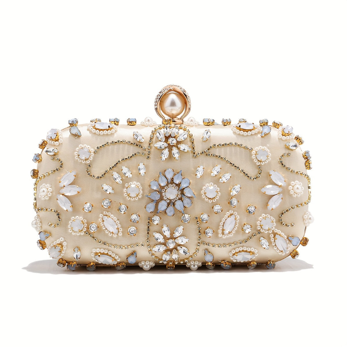 Elegant black satin clutch with rhinestone embellishments and chain