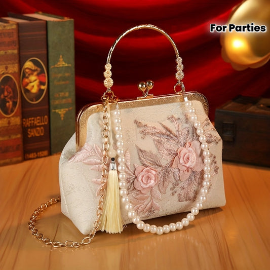 Elegant floral lace clutch with detachable shoulder strap and pearls