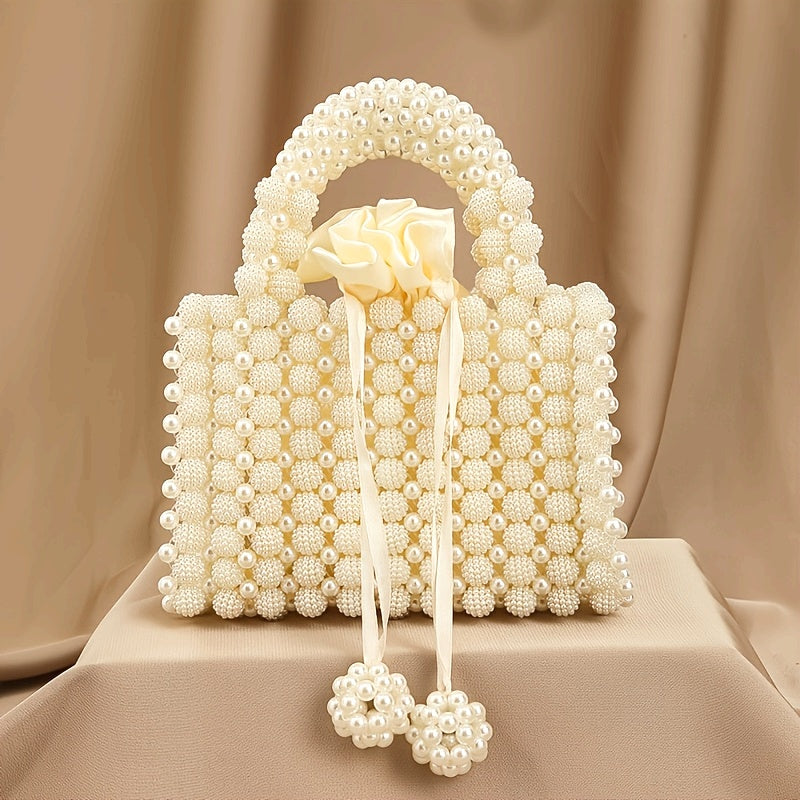 Chic Cream White Pearl Evening Clutch with Rose Handle