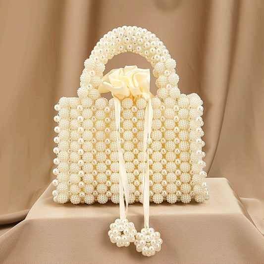 Chic Cream White Pearl Evening Clutch with Rose Handle