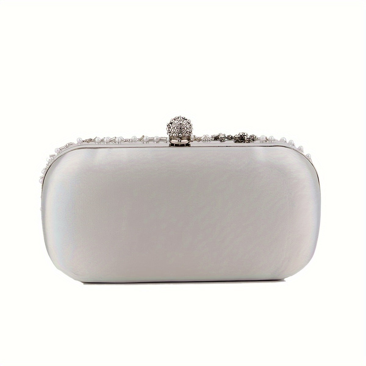 Elegant black satin clutch with rhinestone embellishments and chain