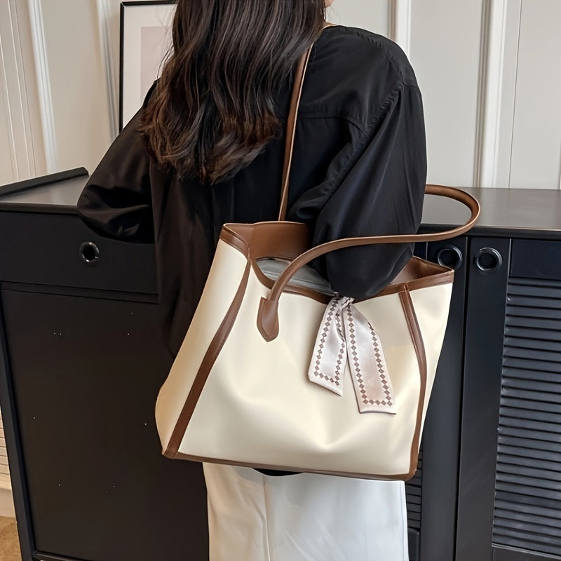 Chic Large Capacity Women's Tote Bag with Scarf Accent