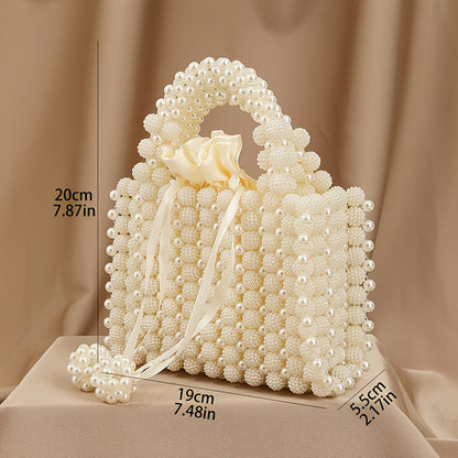 Chic Cream White Pearl Evening Clutch with Rose Handle