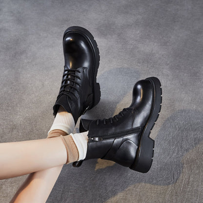 Women's Retro Plain Leather Buckle Ankle Boots