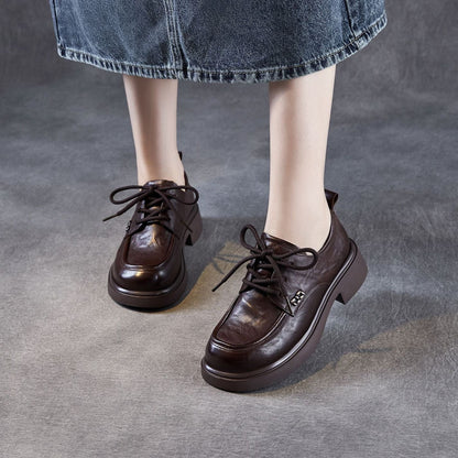 Women's Retro Plain Leather Casual Lace-up Loafers