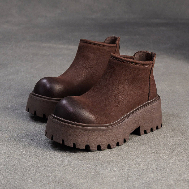 Women's Retro Plain Leather Chunky Platform Ankle Boots-RAIIFY