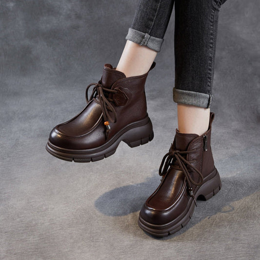 Women's Retro Leather Platform Casual Ankle Boots