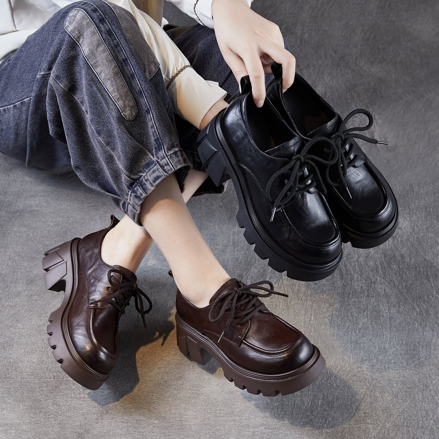 Women's Vintage Leather Chunky Heel Loafers