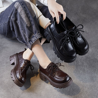 Women's Vintage Leather Chunky Heel Loafers