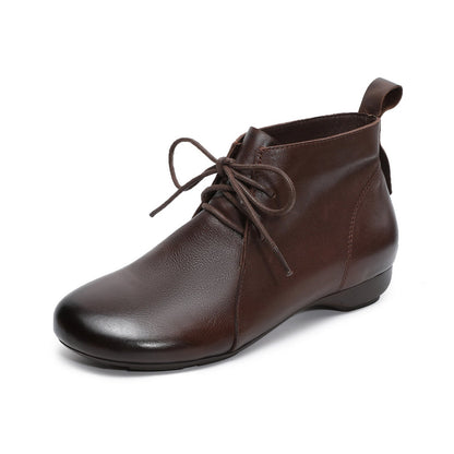 Women's Plain Leather Lace-up Casual Ankle Boots-RAIIFY