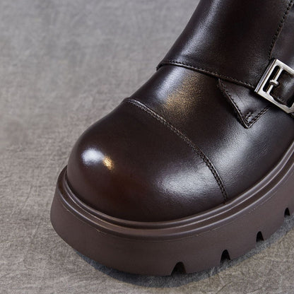 Women's Retro Leather Buckle Platform Ankle Boots