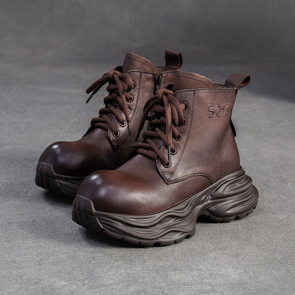 Women's Vintage Leather Platform Ankle Boots-RAIIFY