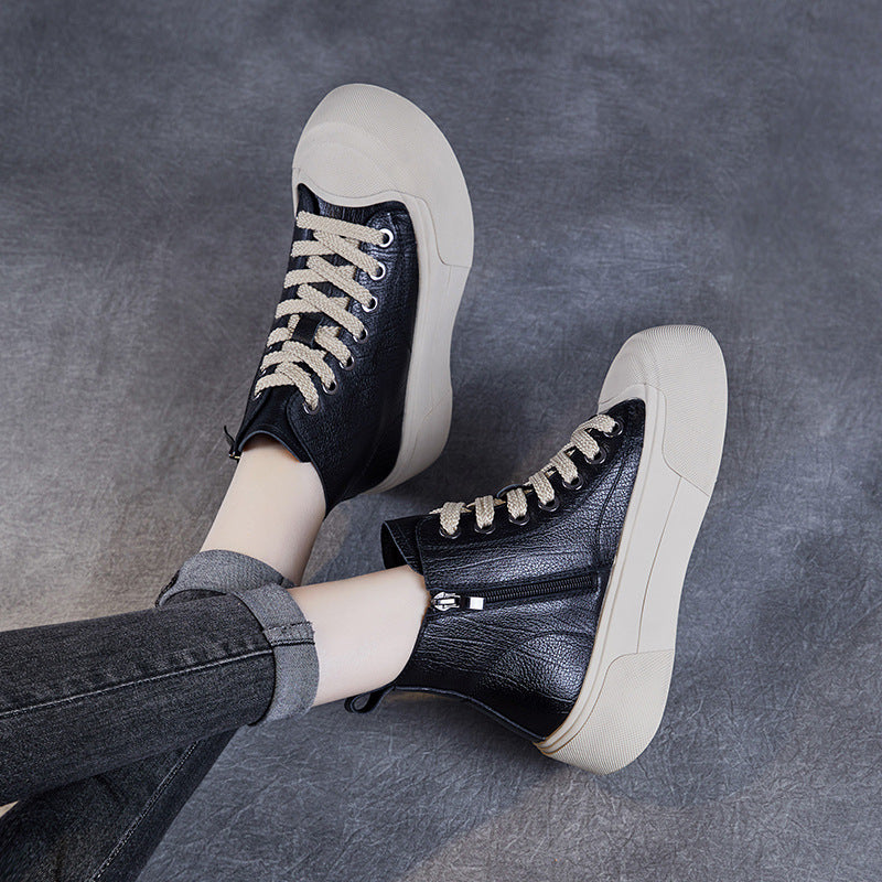 Women's Casual Plain Leather Flat Ankle Boots