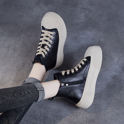 Women's Casual Plain Leather Flat Ankle Boots